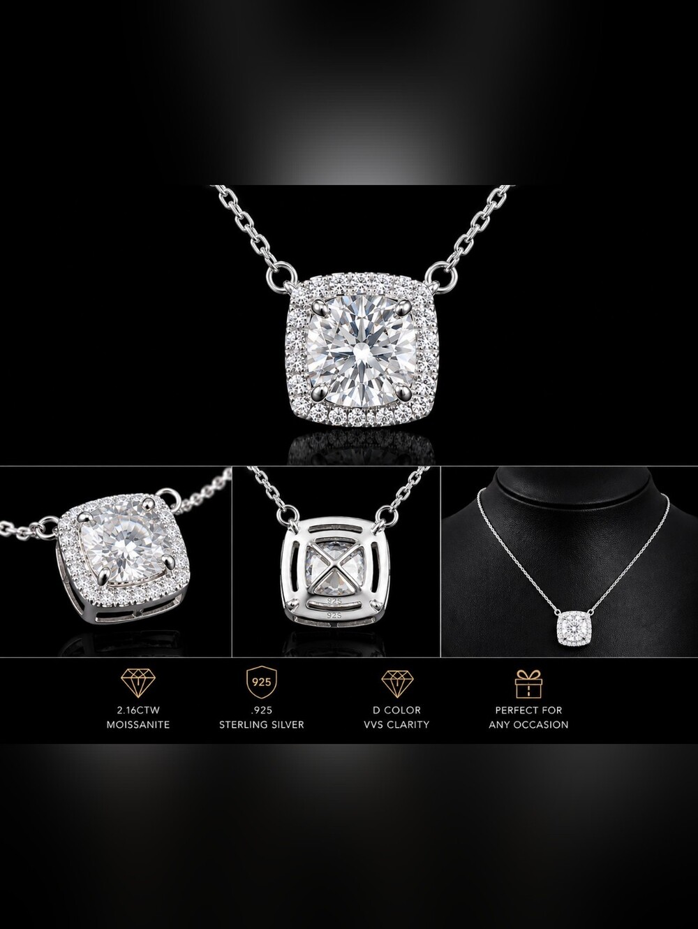2.73CTW Moissanite Halo Pendant Necklace | .925 Sterling Silver | VVS D Color